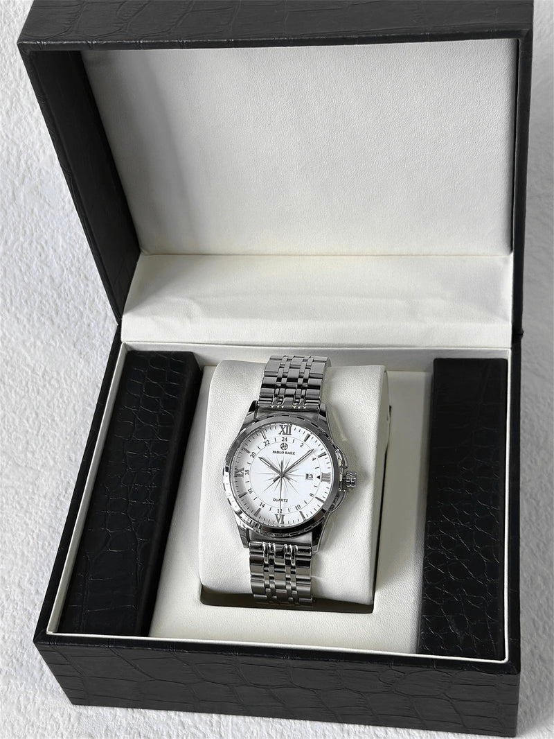 Luxury Silver Stainless Steel Wristwatch with Luminous Display and Waterproof Design for Men