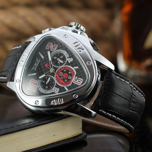 Stainless Steel Leather Strap Automatic Mechanical Watch with 24 Hour Calendar and 3 Dials for Men