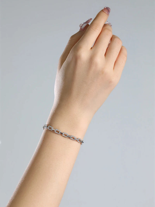 925 Sterling Silver Adjustable Chain Link Bracelet with Shining Zircon Stones for Men and Women