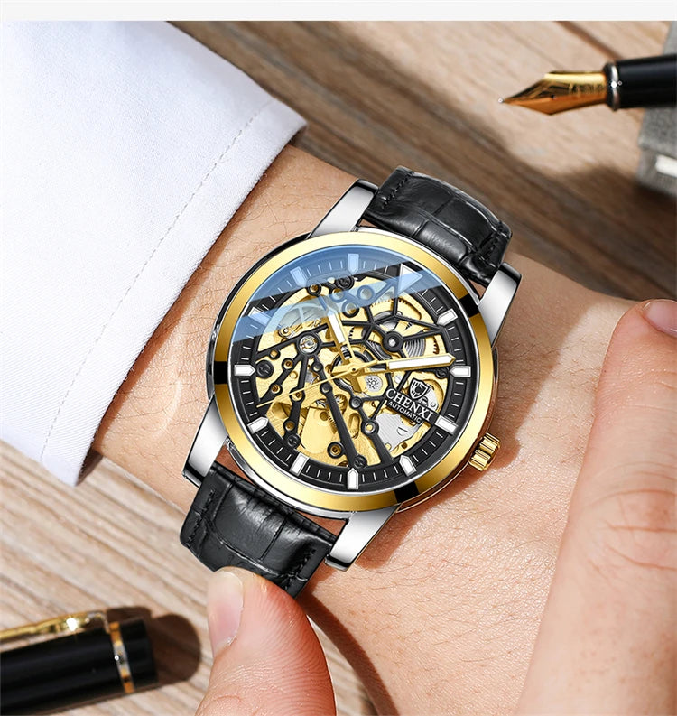 Stainless Steel Hollow Automatic Self-Wind Luminous Mechanical Watch for Men