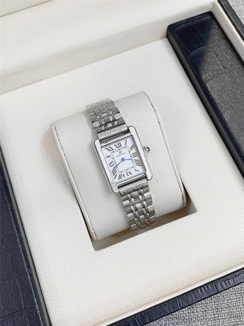 Luxury Square Stainless Steel Watch with Blue Hands & Thin Dial for Women