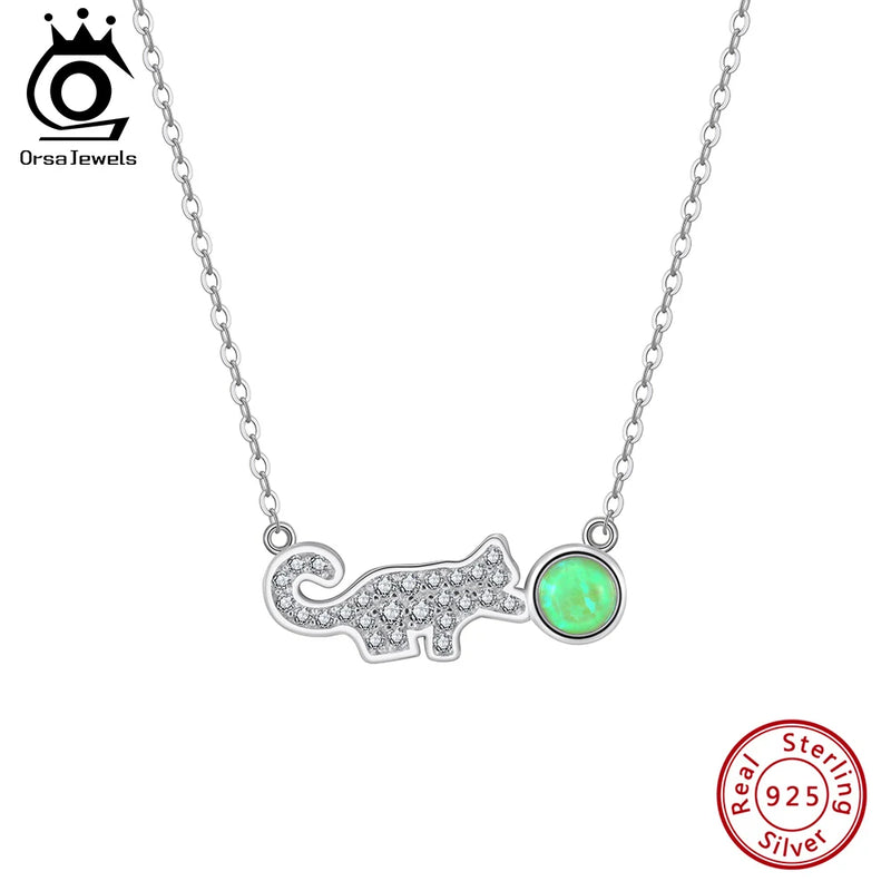 925 Sterling Silver Fire Opal Cat Pendant Choker Necklace for Women