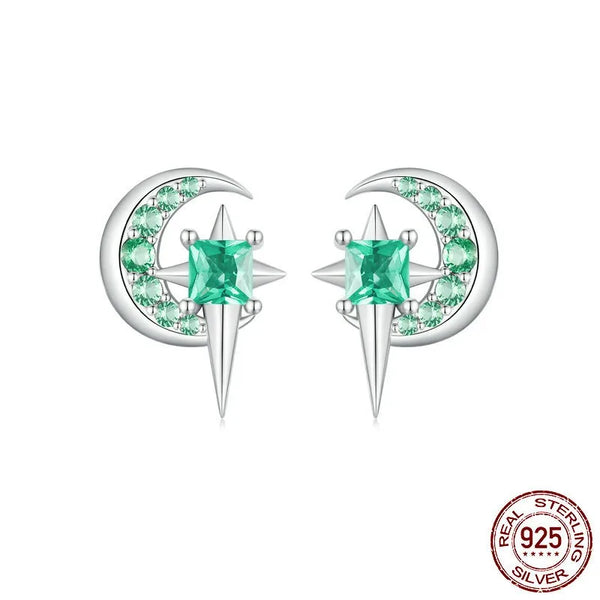 Silver 925 Green Star Moon Stud Earrings for Women