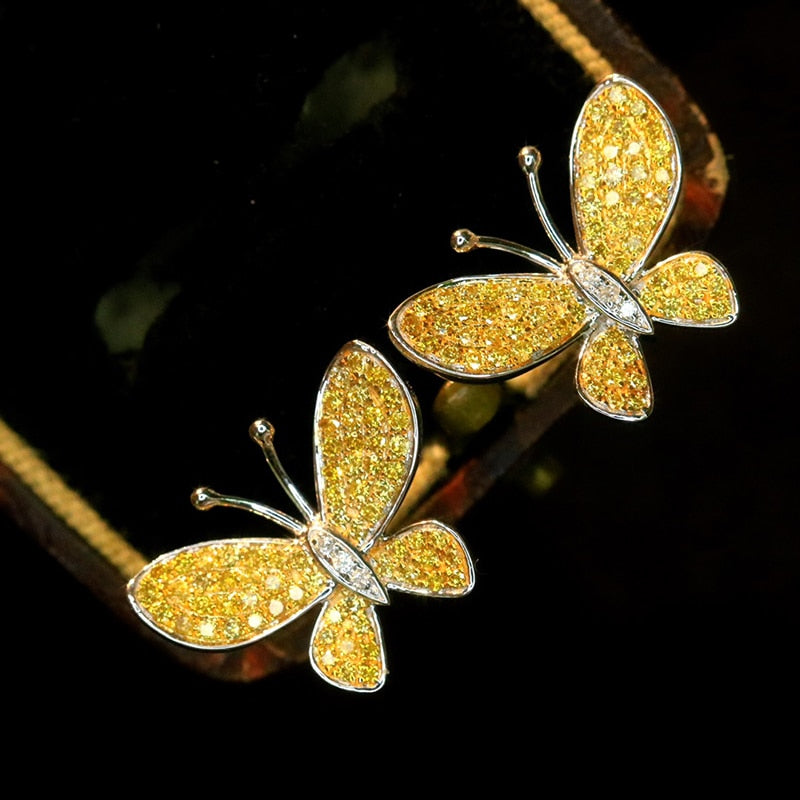 18K Yellow Gold Natural Yellow Diamond Butterfly Stud Earrings for Women