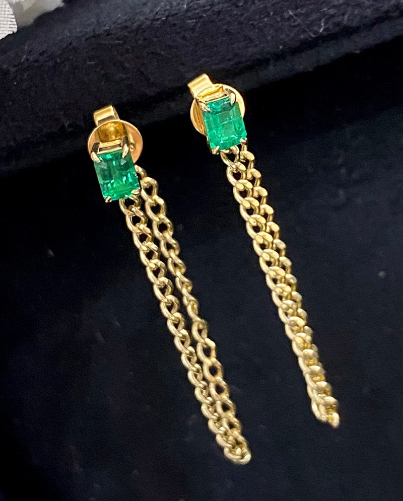 18K Yellow Gold Emerald Chain Earrings for Women