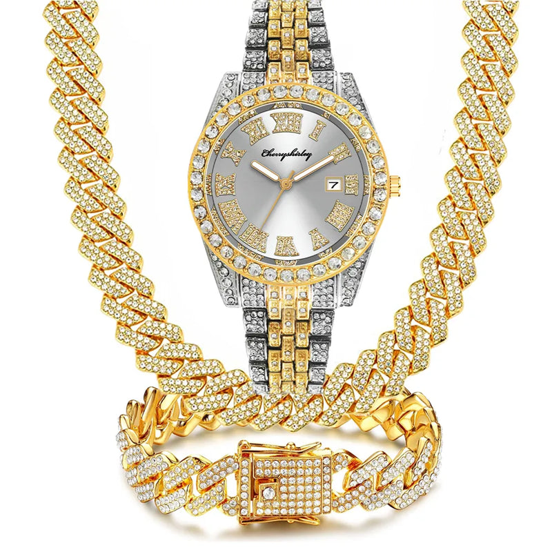 Gold Silver Diamond Iced Out Cuban Chain Watch and Jewelry Set for Men