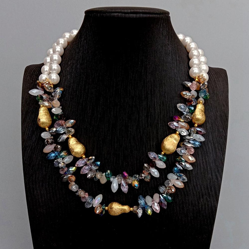 Gold Filled Multi-Color Crystal and Pearl Necklace for Women