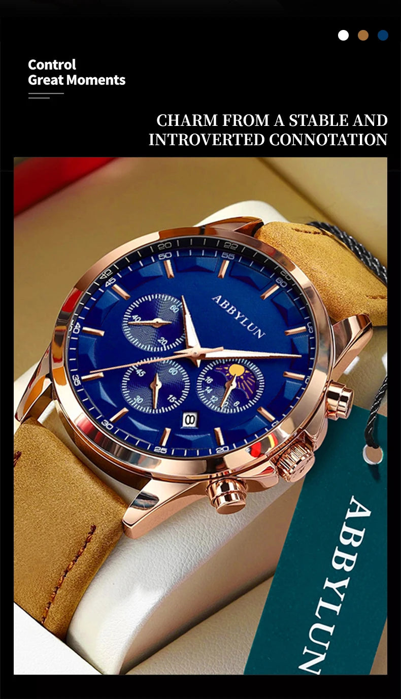 Stainless Steel Leather Luxury Waterproof Date Multifunction Watch for Men