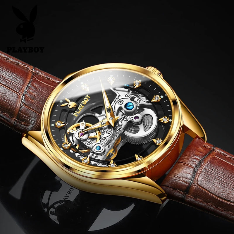 Stainless Steel Hollow Out Automatic Mechanical Watch with Luminous Leather Strap for Men