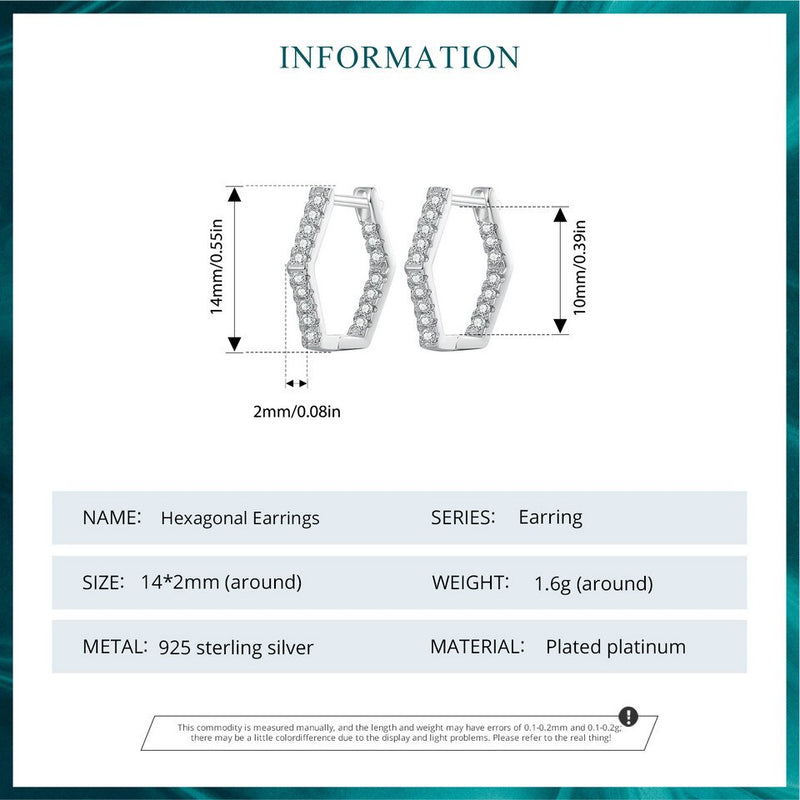 925 Sterling Silver Zircon Hexagonal Hoop Earrings for Women