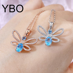 925 Sterling Silver Bee Pendant Necklace with Swiss Blue Topaz and Cubic Zircon for Women