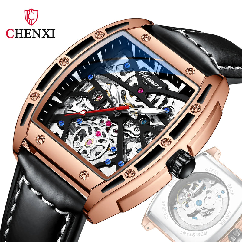 Stainless Steel Leather Barrel Shaped Mechanical Sport Watch for Men