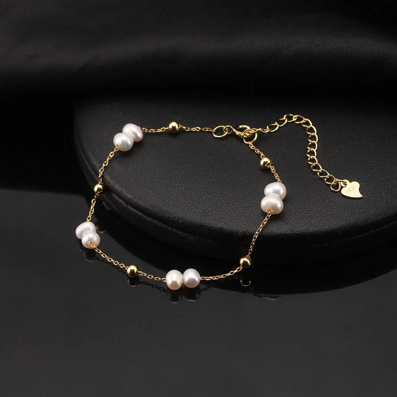 925 Sterling Silver Pearl Chain Bracelet with 14K Gold Pearl Beads for Women