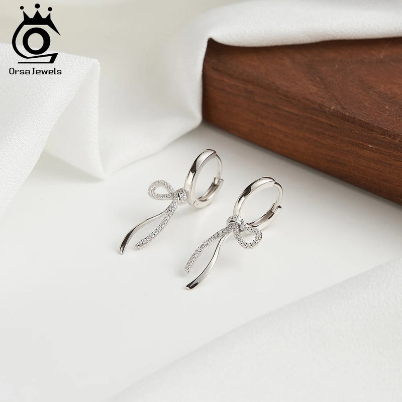 925 Sterling Silver Bow Knot Stud Earrings with Sparkling Zircon for Women