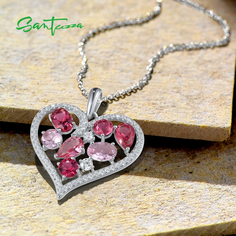 925 Sterling Silver Sparkling Pink Stones White CZ Heart Pendant Necklace for Women