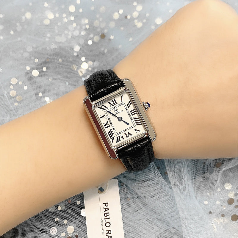 Square Luxury Watch for Women: Top Quality Soft Black Leather Band.