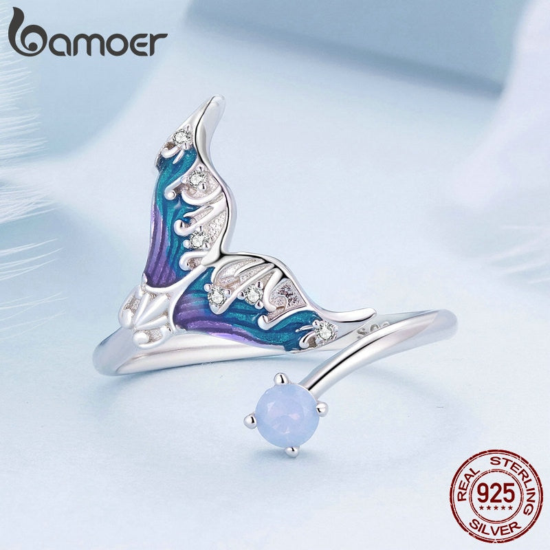 925 Sterling Silver Fantasy Mermaid Tail Opening Ring Colorful Enamel for Women