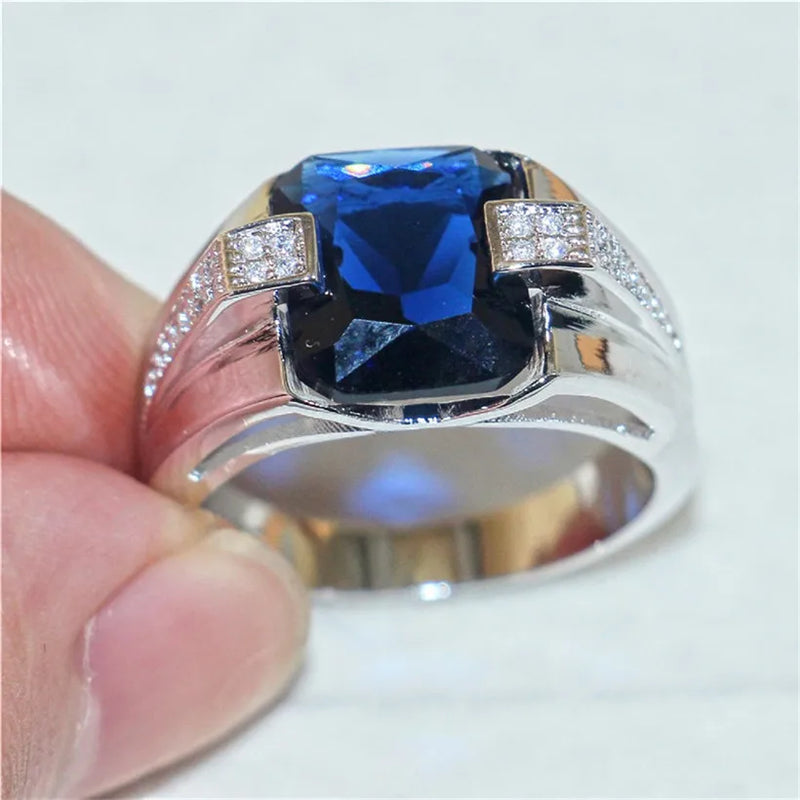 925 Sterling Silver Blue Sapphire Square Gemstone Ring for Men