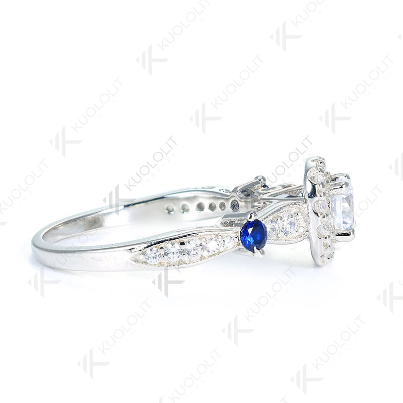 925 Sterling Silver White Gold 0.5CT Moissanite and Sapphire Ring for Women