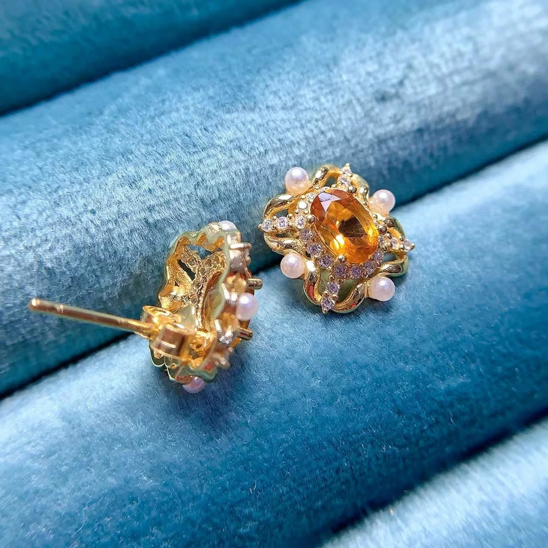 925 Silver Citrine Flower Stud Earrings for Women