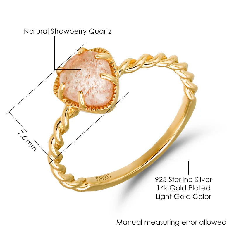 925 Sterling Silver Gold Plated Natural Strawberry Quartz Ring for Women