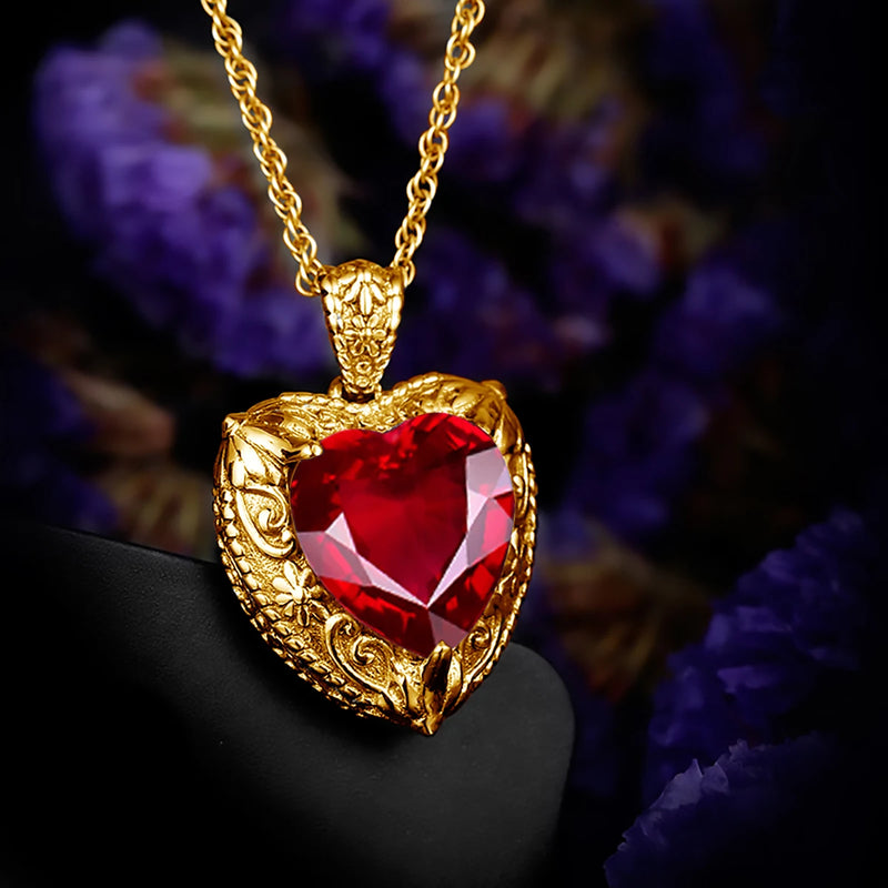 Gold Ruby Heart Pendant Necklace for Women