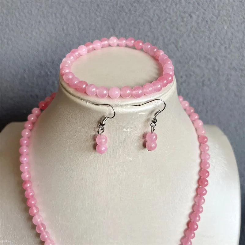 Yellow Gold Peach Pink Jade Jewelry Set Necklace, Earrings, Bracelet, Chain, Choker for Women