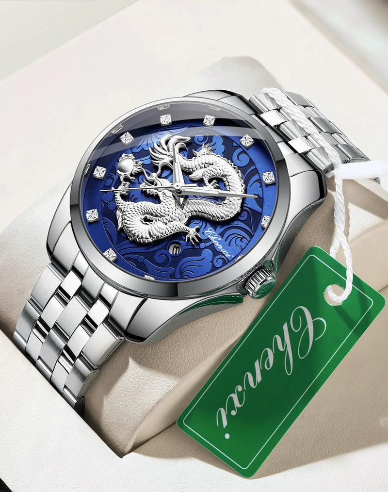 Stainless Steel Dragon Totem Embossed Wrist Watch for Men