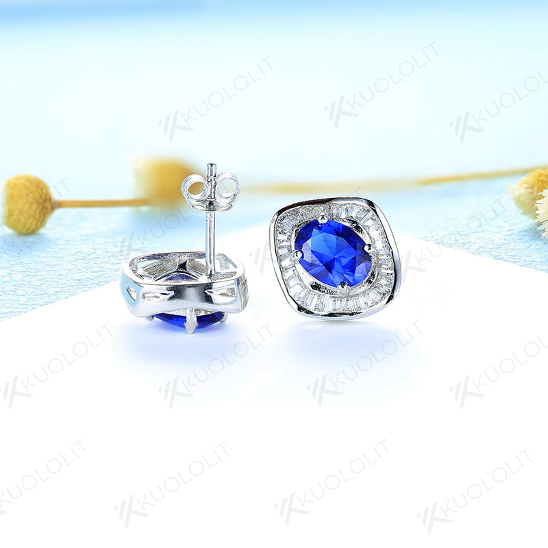 925 Sterling Silver Oval Sapphire Stud Earrings for Women