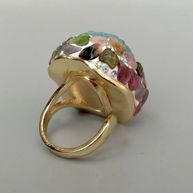 Gold Plated Aquamarine & Tourmaline Rough Handmade Ring For Women