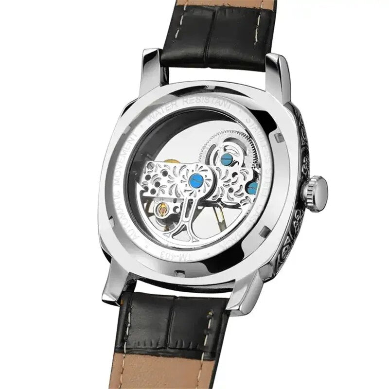 Silver Automatic Mechanical Skeleton Watch with Transparent Case for Men