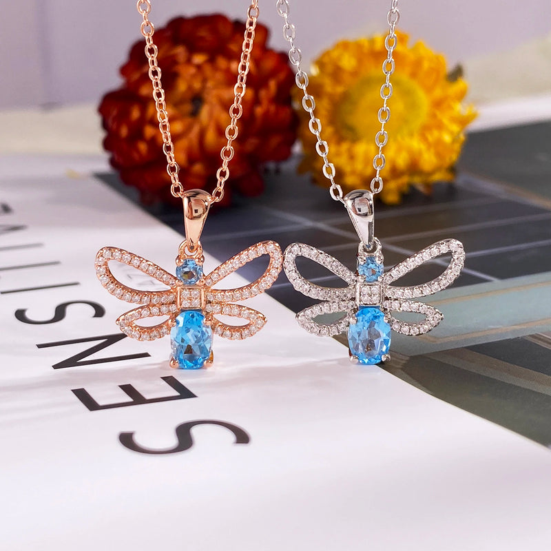 925 Sterling Silver Bee Pendant Necklace with Swiss Blue Topaz and Cubic Zircon for Women