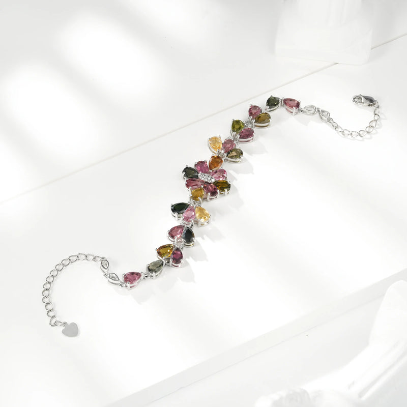 925 Sterling Silver Tourmaline Bracelet, Flower Design for Women