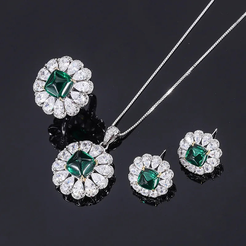 Sterling Silver, 5A Zircon & Emerald Sugar Tower Pendant & Ring earring Set for Women