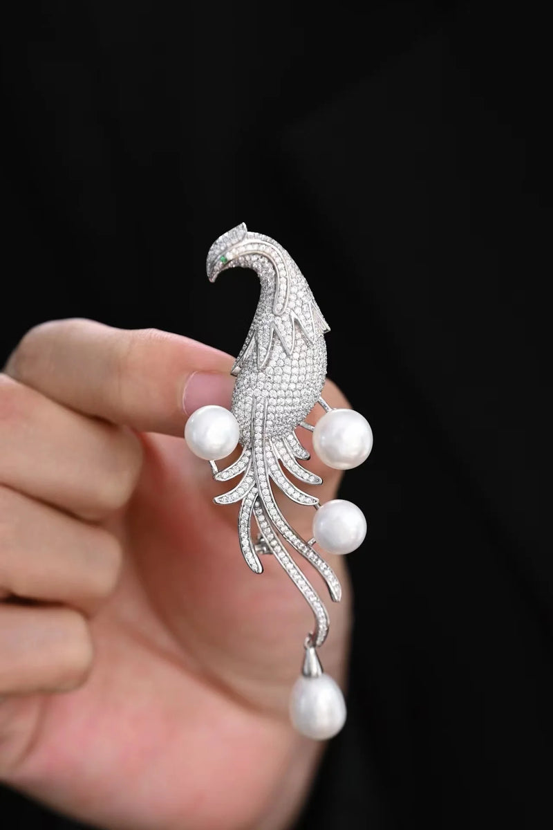 925 Sterling Silver Freshwater Pearl Diamond Bird Brooches for Women