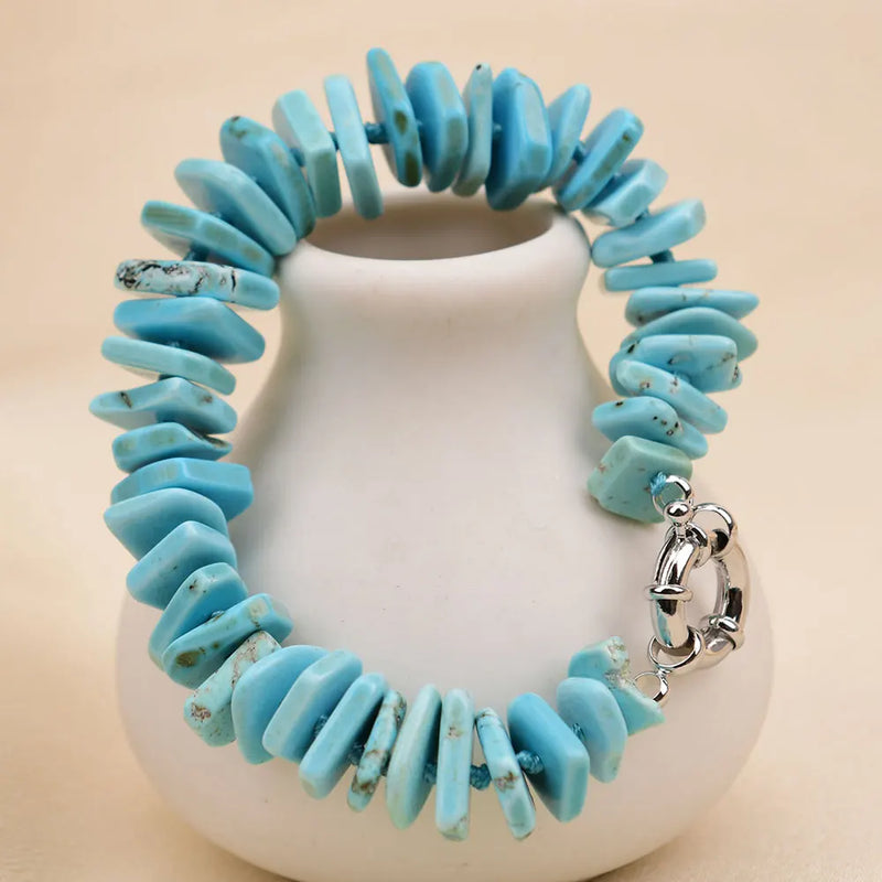 Sterling Silver Blue Turquoise Disc Square Slice Gemstone Bracelet for Women