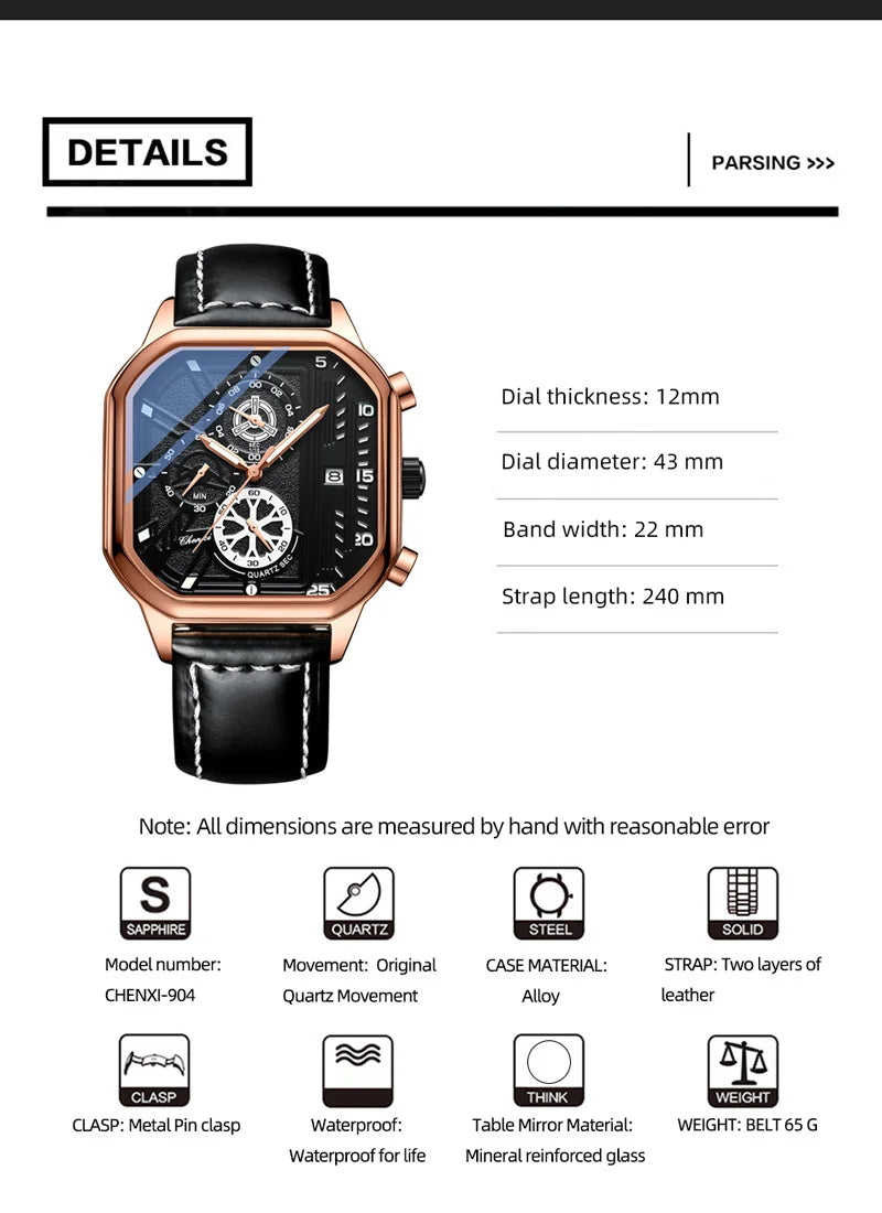 Stainless Steel Leather Multifunction Waterproof Sports Watch for Men