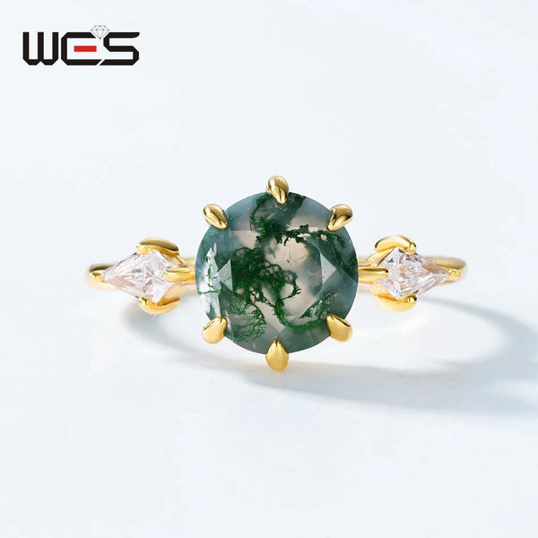 Gold Plated Moss Agate Classic Ring for Women