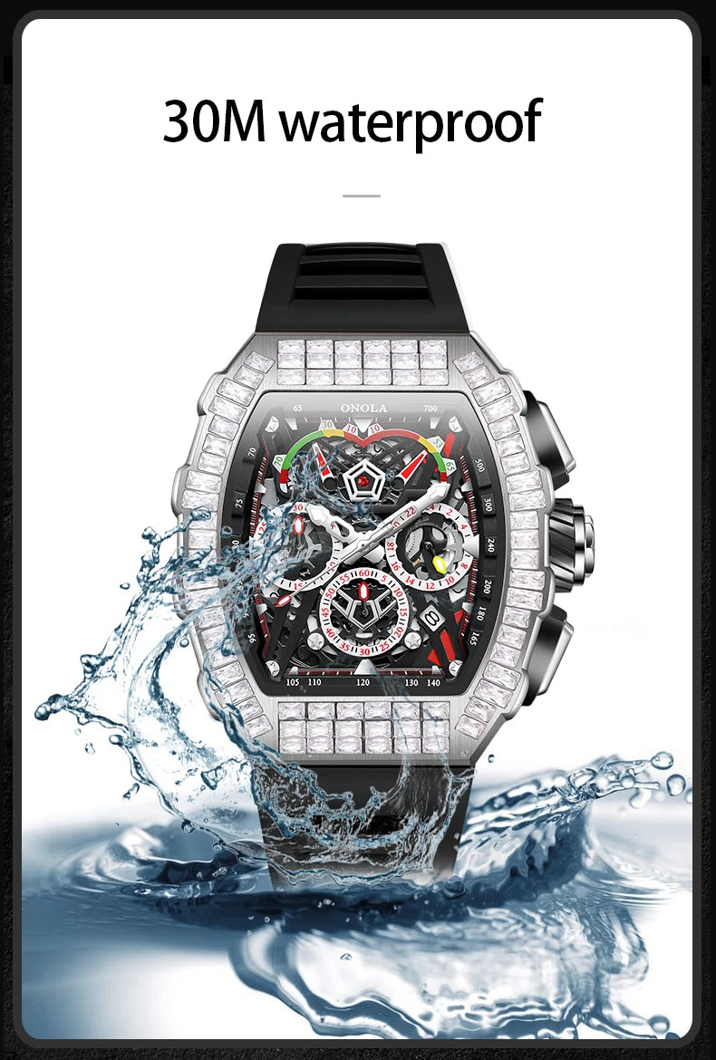 Stainless Steel Diamond Inlaid Automatic Mechanical Waterproof Watch for Men