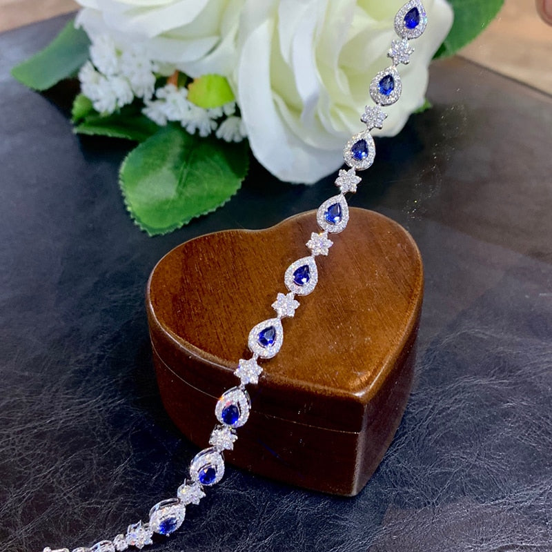 18K White Gold Blue Sapphire Heart Bracelet for Women