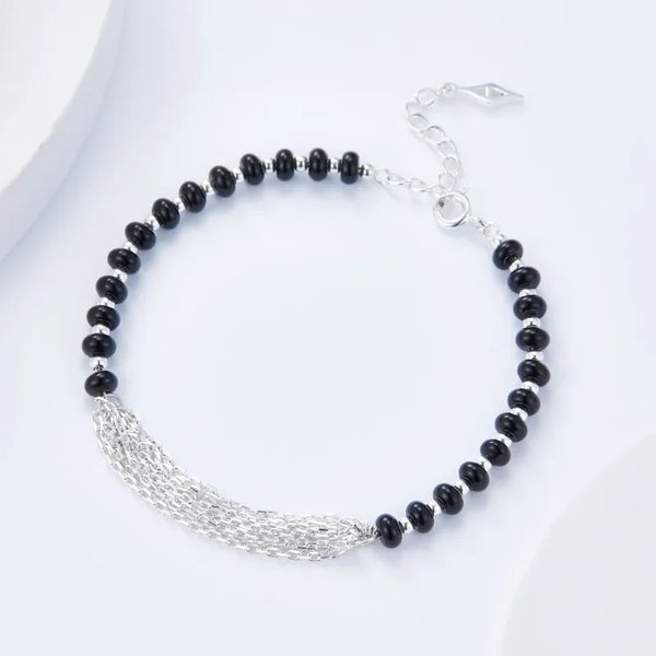 Sterling Silver Multi-layer Chain with Black Agate Bracelet for Women