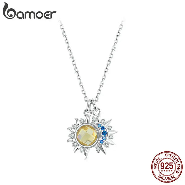 925 Sterling Silver White Gold Plated Sun and Moon Pendant Necklace for Women