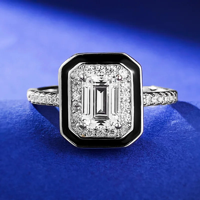 Sterling Silver 925 1CT Emerald Cut Diamond Black Border Ring for Women