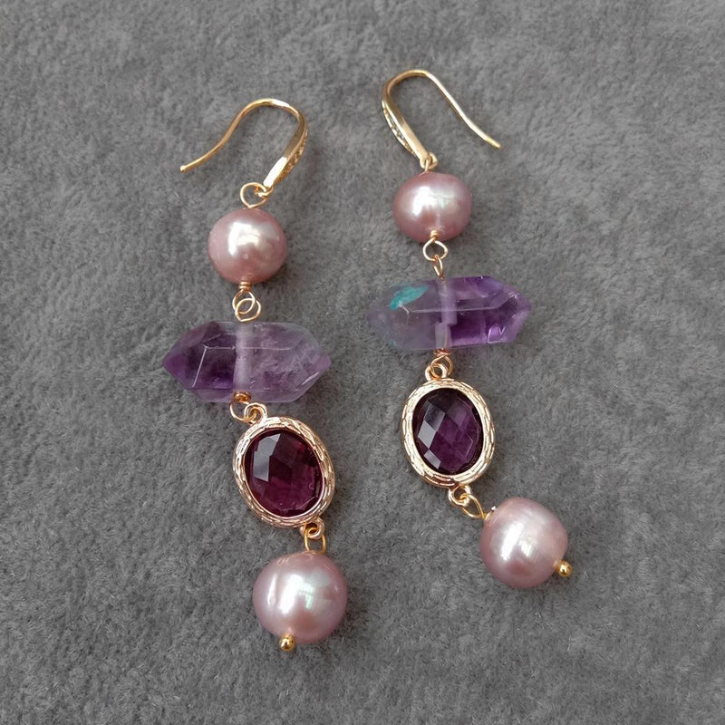 Y.YING Drop Earrings For Women Cultured Purple Pearl Amethyst Double Point Dangle Earrings Handmade Jewelry