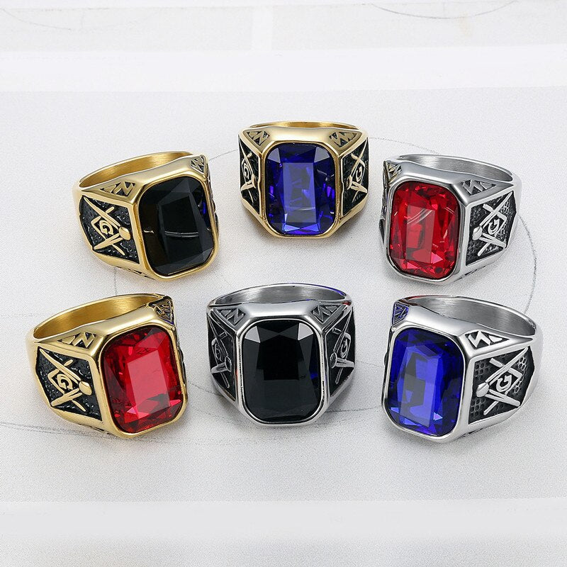 Titanium Stainless Steel Blue Red Black Gemstone A G Letter Carving Rings for Men