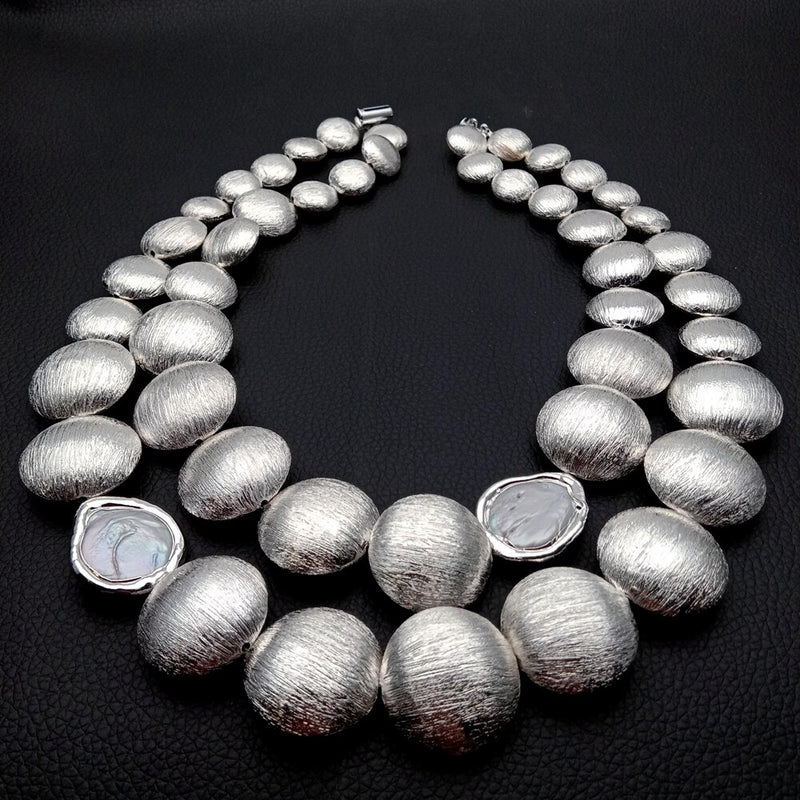 Sterling Silver Plated 2 Rows Cultured White Coin Pearl Necklace with Crystals for Women
