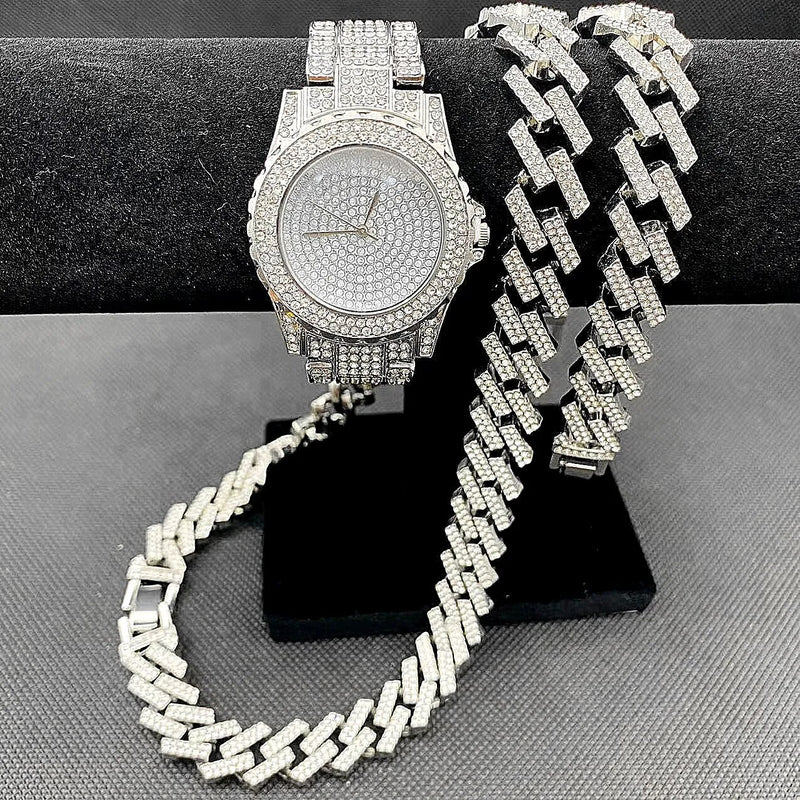 Gold Iced Out Diamond Men's Watch and Jewelry Set with Cuban Link Chain