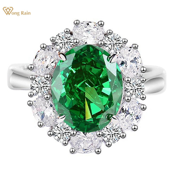 Wong Rain 925 Sterling Silver 9*11 MM Oval Emerald Padparadscha High Carbon Diamond Gemstone Ring Cocktail Party Jewelry