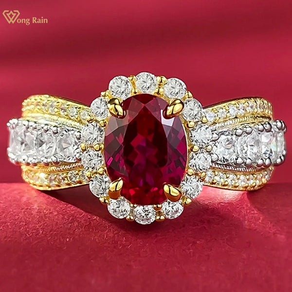 Wong Rain 18K Gold Plated 925 Sterling Silver Oval 6*8MM Ruby High Carbon Diamond Gems Ring Jewelry for Women Engagement Gifts