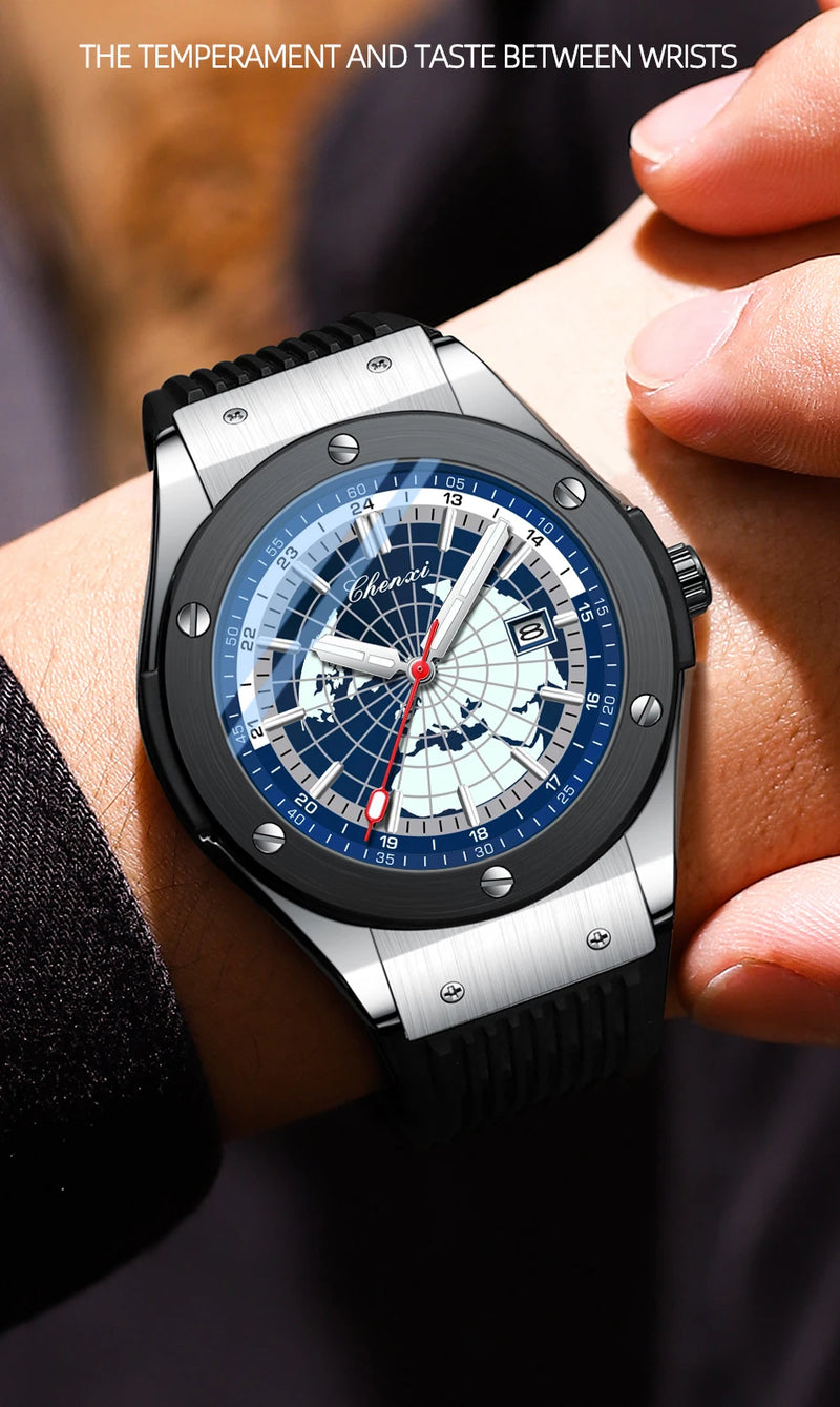 Stainless Steel World Map Sport Watch for Men